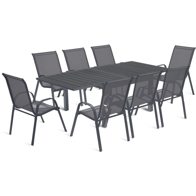 Salon de jardin poly extensible table 90-180 cm et 8 chaises gris foncé