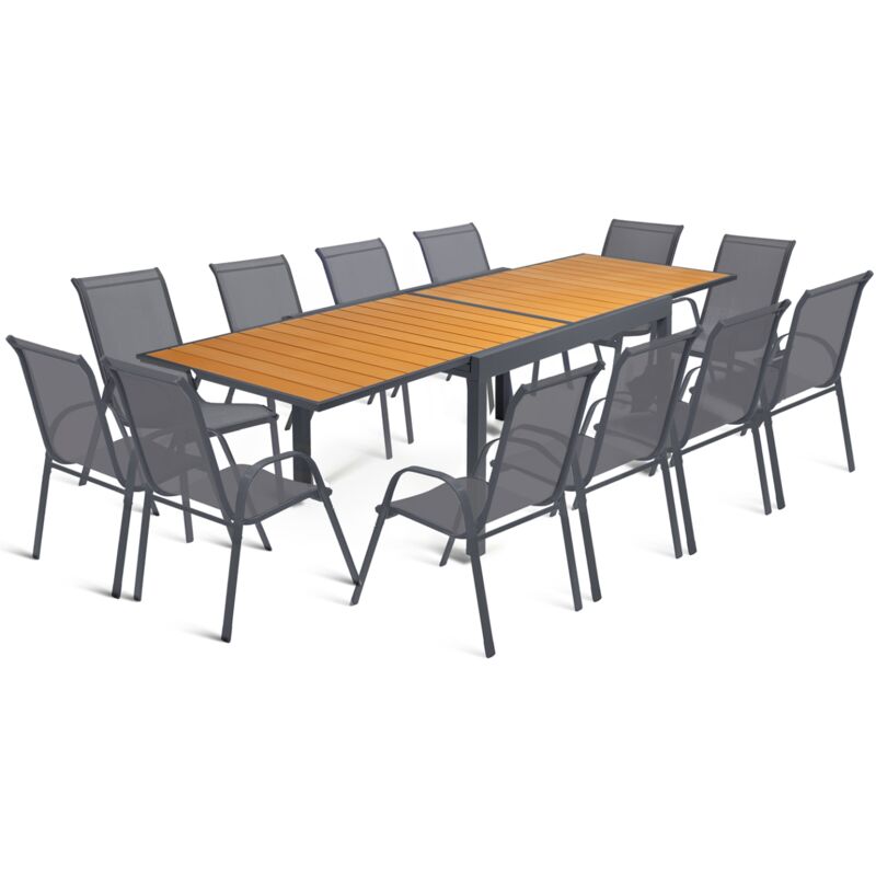 Salon de jardin poly extensible table 135-270 cm et 12 chaises bois et