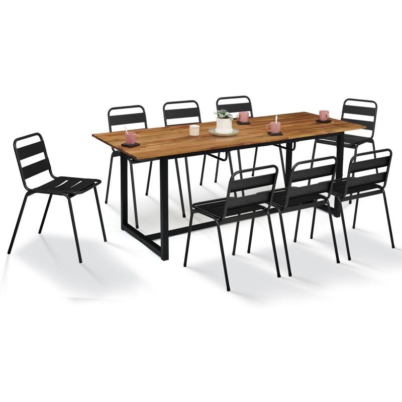 Salon de jardin extensible soho 8/10 places table 160/200 cm acier + acacia et 8 chaises empilables noires - Noir