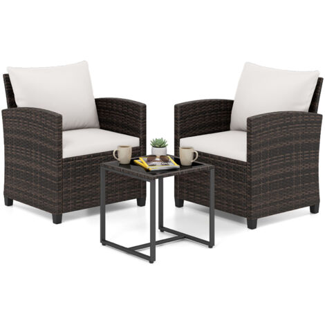 Salon de Jardin Exterieur 2 Personnes en Rotin PE, avec 2 Fauteuils à Coussins Amovibles&Table Basse à Plateau en Verre Trempé, Marron+Beige