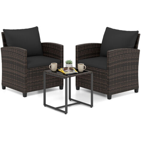 Salon de Jardin Exterieur 2 Personnes en Rotin PE, avec 2 Fauteuils à Coussins Amovibles&Table Basse à Plateau en Verre Trempé, Marron+Noir