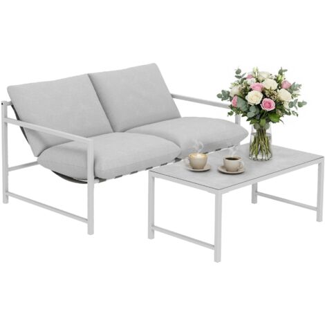Salon de Jardin Extérieur 2 Pièces, Canapé avec Coussins, Table Basse en Verre Trempé Marbré 3D, 125x80x64cm, Gris Clair
