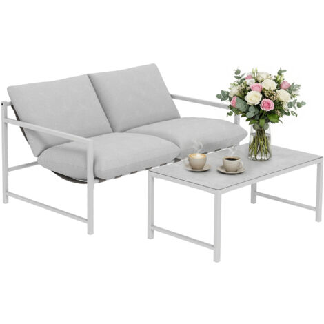 Salon de Jardin Extérieur 2 Pièces, Canapé avec Coussins, Table Basse en Verre Trempé Marbré 3D, 125x80x64cm, Gris Clair
