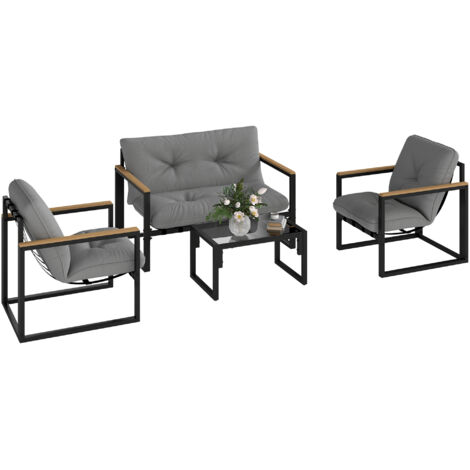 Salon de jardin extérieur 4 personnes avec canapé. 2 fauteuils et table basse en verre trempé. coussins inclus. gris
