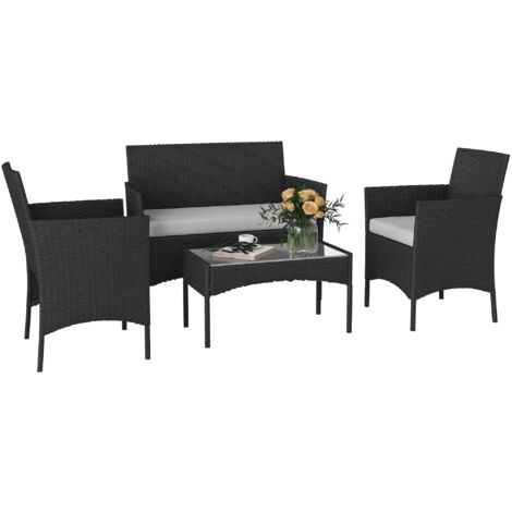 Salon de jardin extérieur 4 personnes en résine tressée avec canapés et table basse en verre trempé coussins inclus gris