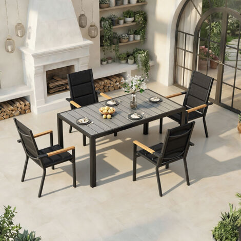 Salon de Jardin Exterieur 4 Personnes, HDPS Table de 150 cm et 4 Chaises Empilable d'Extérieur en Aluminium Durable, Design à Veine de Bois, Gris