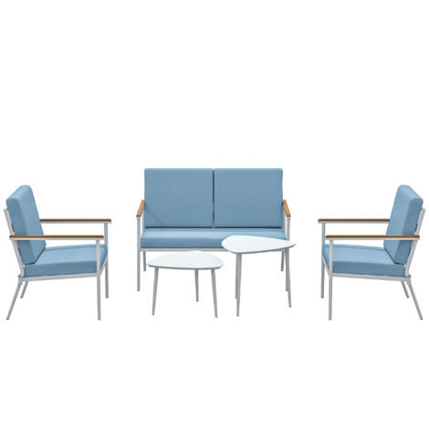 Salon de jardin extérieur 4 personnes, salon de balcon 5 pièces avec canapé, 2 fauteuils et 2 tables basses bleu clair