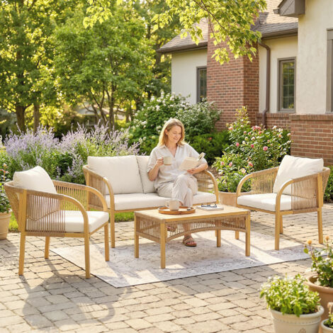 Salon de Jardin Extérieur 4 Pièces avec Canapé 2 Fauteuils Table Coussins. Acier Résine Tressée. 120x72x73cm. Kaki