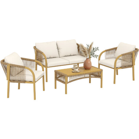 Salon de Jardin Extérieur 4 Pièces avec Canapé 2 Fauteuils Table Coussins. Acier Résine Tressée. 120x72x73cm. Kaki
