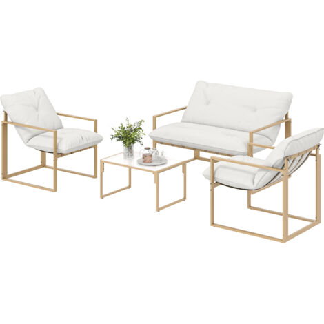 Salon de jardin extérieur 4 pièces avec coussins ultra-épais 15cm canapé 2 places avec table basse et 2 fauteuils kaki