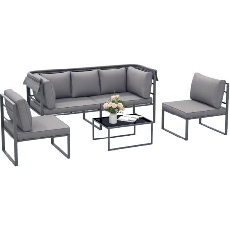 Salon de jardin extérieur 4 pièces modulaire avec canapé, fauteuil et table basse en verre trempé, coussins inclus, gris