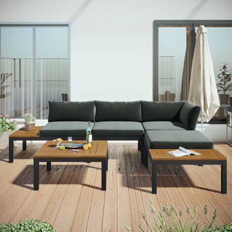 Salon de jardin extérieur, 4 places canapés modulables d'angle en acier et bois avec table basse, 250 * 172 * 67 cm