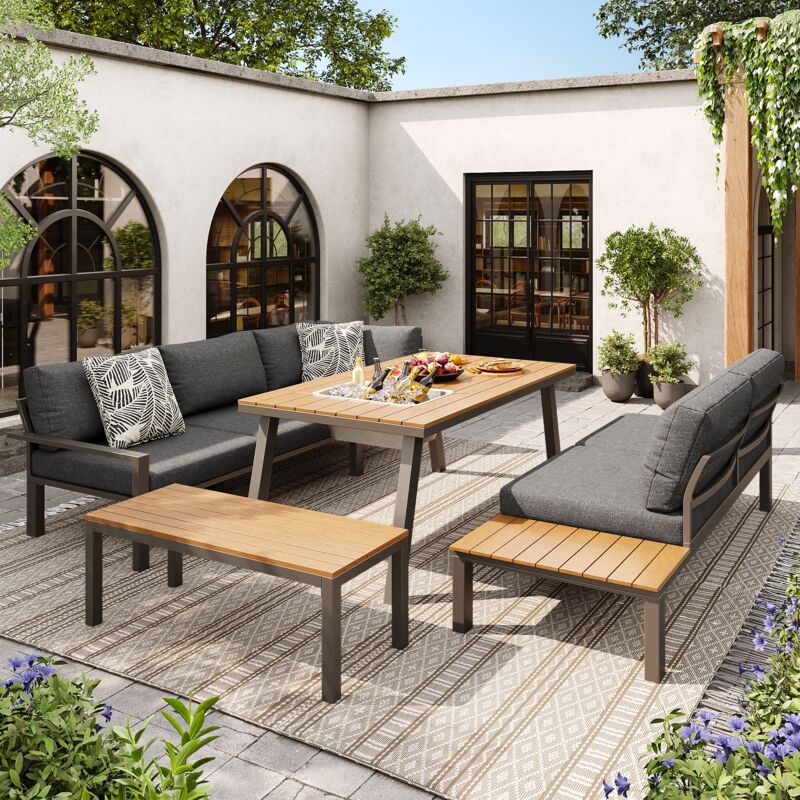 Salon de Jardin Exterieur 4 Places, structure en fer galvanisé, plateau de table avec seau à glace, convient pour jardin, balcon, terrasse, ensemble