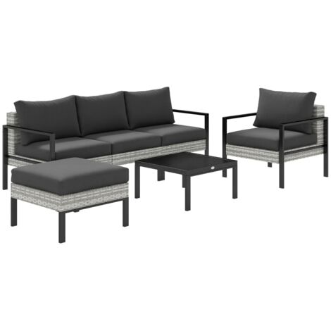 Salon de jardin extérieur 5 personnes, salon de balcon en résine tressée avec fauteuils, pouf et table basse gris clair
