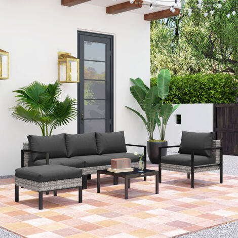 Salon de jardin extérieur 5 personnes. salon de balcon en résine tressée avec fauteuils. pouf et table basse gris clair
