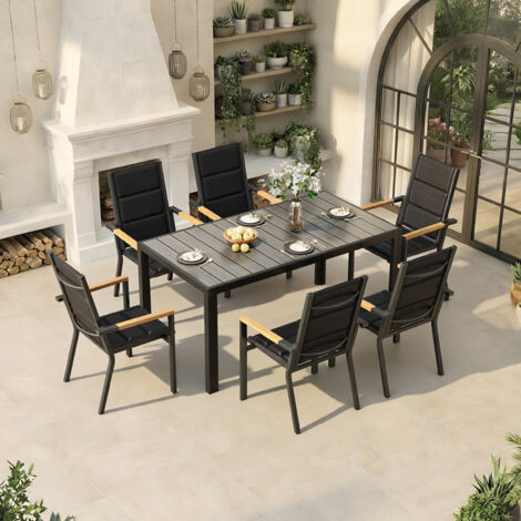 Salon de Jardin Exterieur 6 Personnes, HDPS Table de 150 cm et 6 Chaises Empilable d'Extérieur en Aluminium Durable, Design à Veine de Bois, Gris