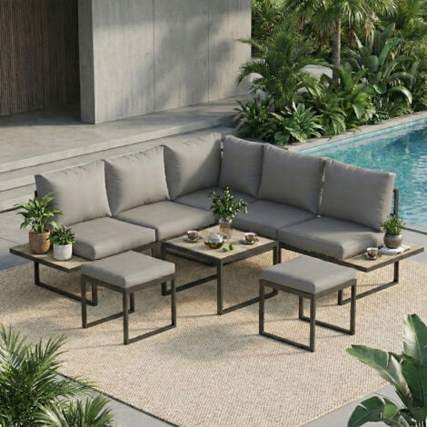 Salon de jardin extérieur 6 personnes modulable table basse et plateaux latéraux en bois PSPC coussins épais 10cm gris