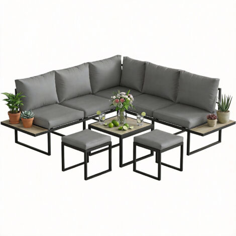 Salon de jardin extérieur 6 personnes modulable table basse et plateaux latéraux en bois PSPC coussins épais 10cm gris