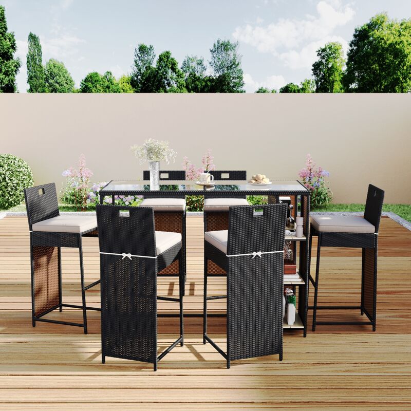 Salon de jardin exterieur 6 places - ensemble de bar de jardin 7 pièces avec coussins, étagères à 3 niveaux, plateau en verre trempé
