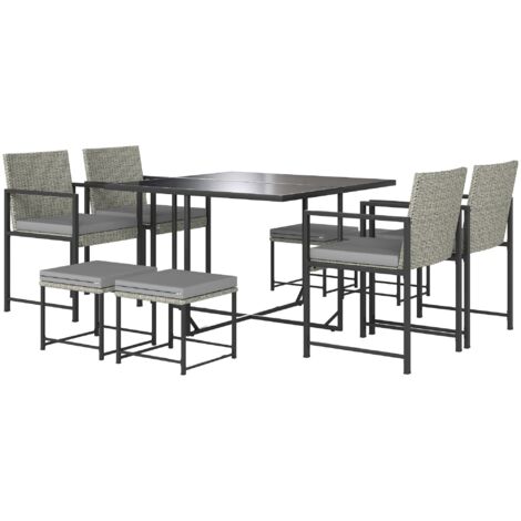 Salon de jardin extérieur 8 places avec coussins et table plateau en verre trempé, résine tressée gris