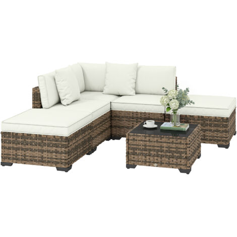 Salon de jardin extérieur d'angle 5 places en résine tressée. canapés. repose-pieds. table basse et coussins. crème