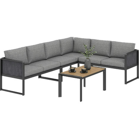 Salon de jardin extérieur d'angle modulable 6 personnes. canapés. table basse et coussins. gris foncé