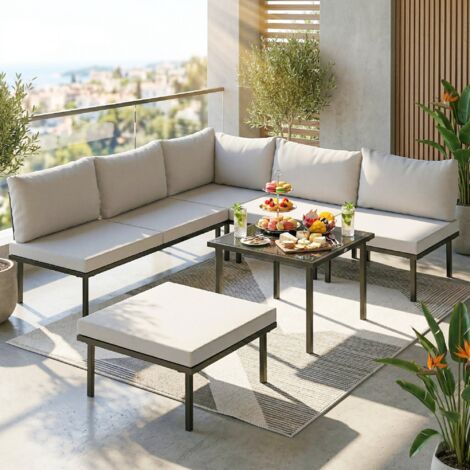 Salon de jardin extérieur d'angle modulable 6 personnes. table basse avec plateau en verre trempé. gris clair