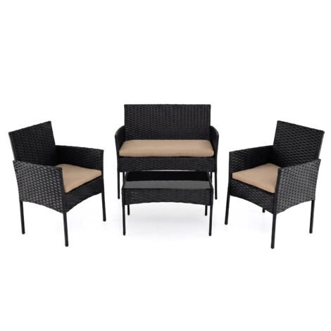 Salon de Jardin Extérieur en Résine 4 Pièces, avec 2 Fauteuils, 1 Canapé 2 Places et Table Basse Plateau en Verre Trempé, Coussins Amovibles, Brun