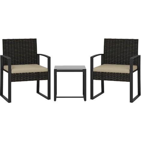 Salon de jardin extérieur en résine tressée 2 personnes. table de jardin avec 2 chaises. plateau en verre trempé. marron