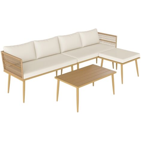 Salon de jardin extérieur en résine tressée 5 places modulable 2 canapés, pouf et table basse, coussins inclus, crème