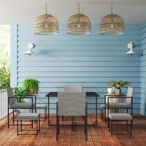 Salon de Jardin Extérieur en Résine Tressée – 8 Places – Avec Coussins et Plateau en Verre Trempé – Gris