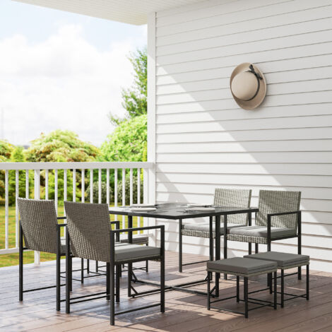 Salon de jardin extérieur en résine tressée 8 places avec coussins et plateau en verre trempé. gris