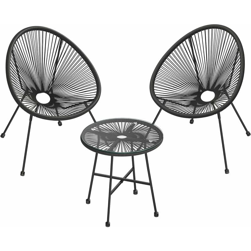 Salon de jardin extérieur, Ensemble de 3 meubles acapulco, 2 chaises, 1 table verre trempé - Noir GGF013B02