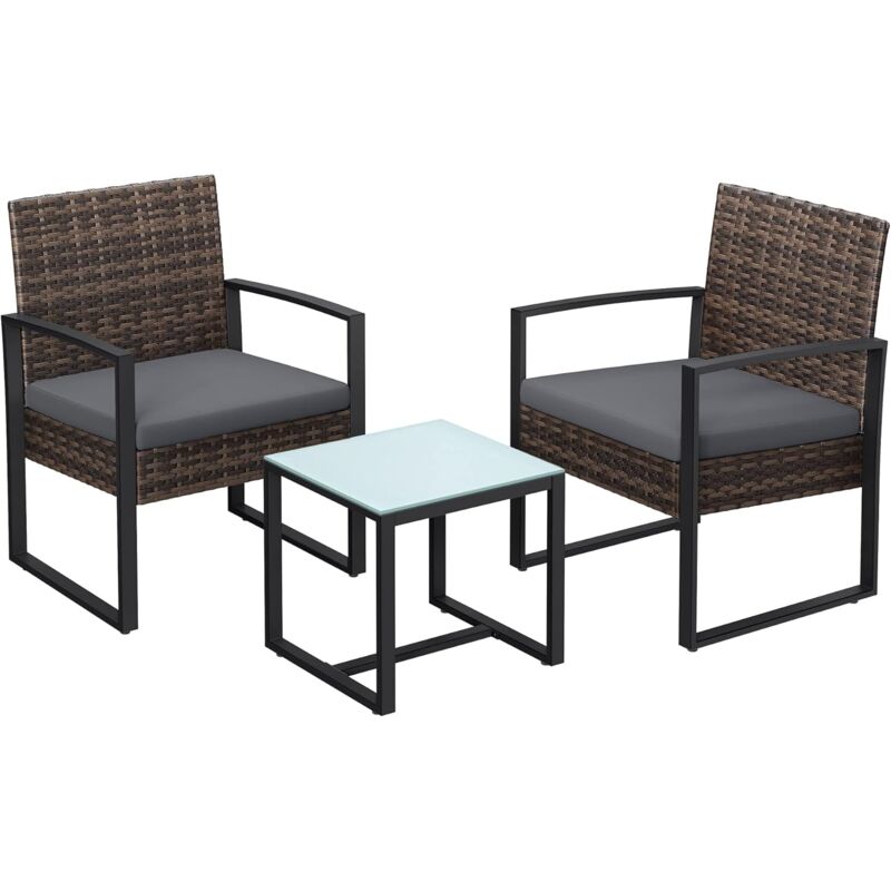 Salon de Jardin Extérieur, Ensemble de Mobilier, Surface Tressée en pe résine, 2 Chaises et 1 Table - Marron et Gris GGF010G05