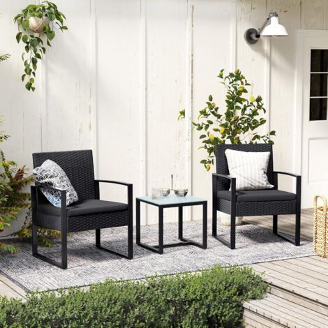 Salon de jardin extérieur, Ensemble de 3 meubles de jardin surface tressée, pour balcon, terrasse, montage facile, 2 canapés et 1 table, Noir/Noir et Beige
