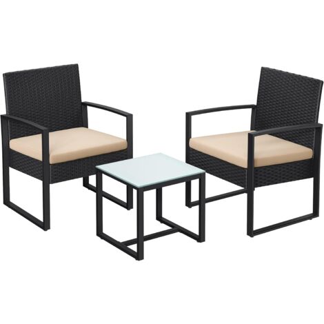Salon de Jardin Extérieur, Ensemble de Mobilier, Surface Tressée en PE résine, 2 Chaises et 1 Table - Noir et Beige GGF010M05