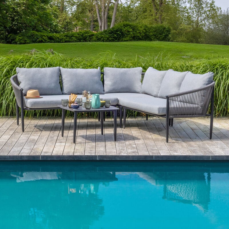 Salon de Jardin Exterieur Gris 5 Places Canapé d'angle en Aluminium et Corde Tressée - Salons de Jardin avec Coussin Gris Clair - Ensemble Canapé,