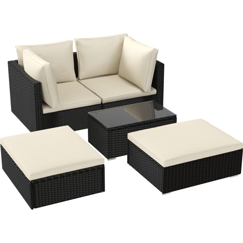 Salon de jardin exterieur pour 4 à 6 personnes, en Poly Rotin, avec coussins beiges, Mobilier de Jardin pour Amenagement Balcon, Noir Wowttrelax