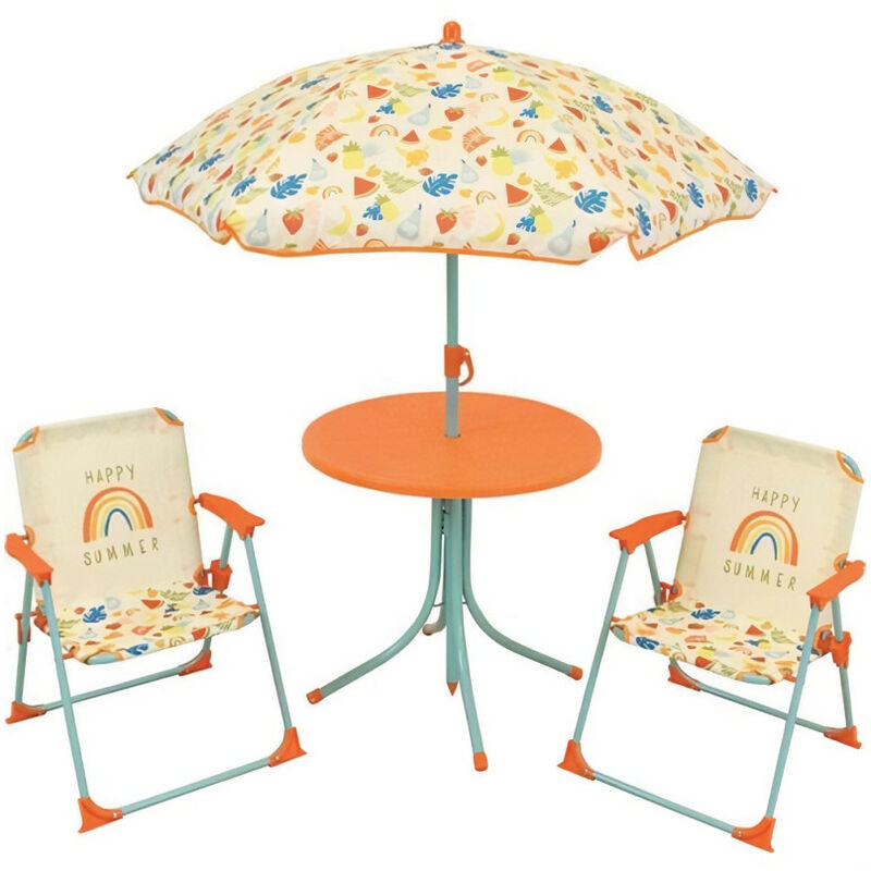 Funhouse - fun house Fruity's Salon de jardin - 1 table H.46 x ø46 cm, 2 chaises H.53xl.38,5xP.37,5 cm et 1 parasol H.125 x ø100 cm