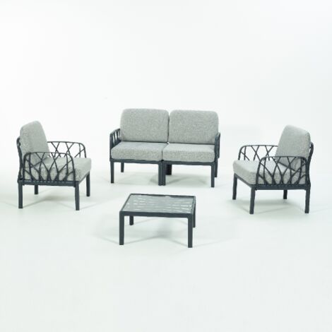 Salon de jardin Garda 1 canape' 2 places 2 fauteuils et 1 table basse en polypropyle'ne renforce' de fibre de verre anthracite avec coussins gris chine'