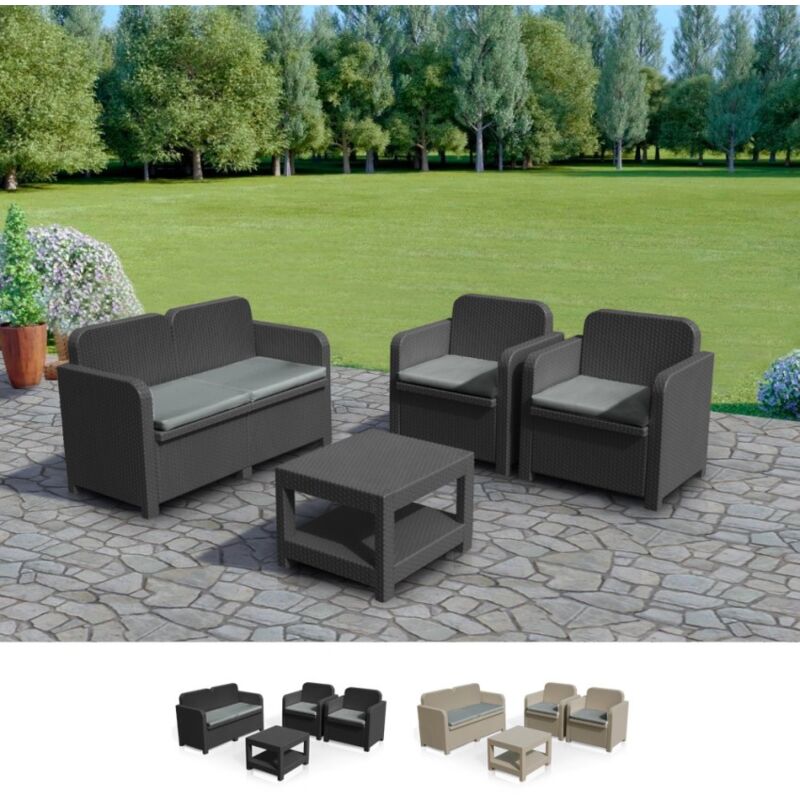 Salon de jardin Sorrento en Poly rotin table basse fauteuils pour exterieur 4 places | Noir - Grand Soleil