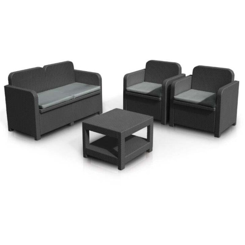 Grand Soleil – Salon de jardin en polyrotin 4 places – Ensemble avec table basse et fauteuils – Résistant aux intempéries – Design élégant noir Grand Soleil – Salon de jardin en polyrotin 4 places – Ensemble avec table basse et fauteuils – Résistant aux intempéries – Design élégant noir