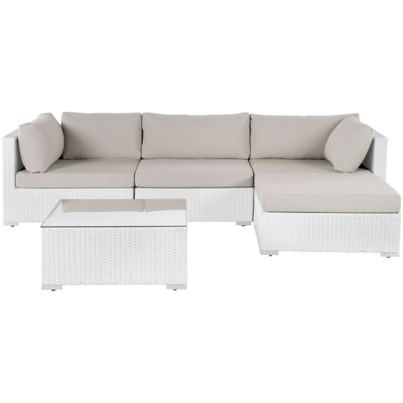 Ensemble de Jardin en Rotin Synthétique 4 Places Modulable Angle à Gauche avec Table Basse et Coussins Beige Blanc Sano ii
