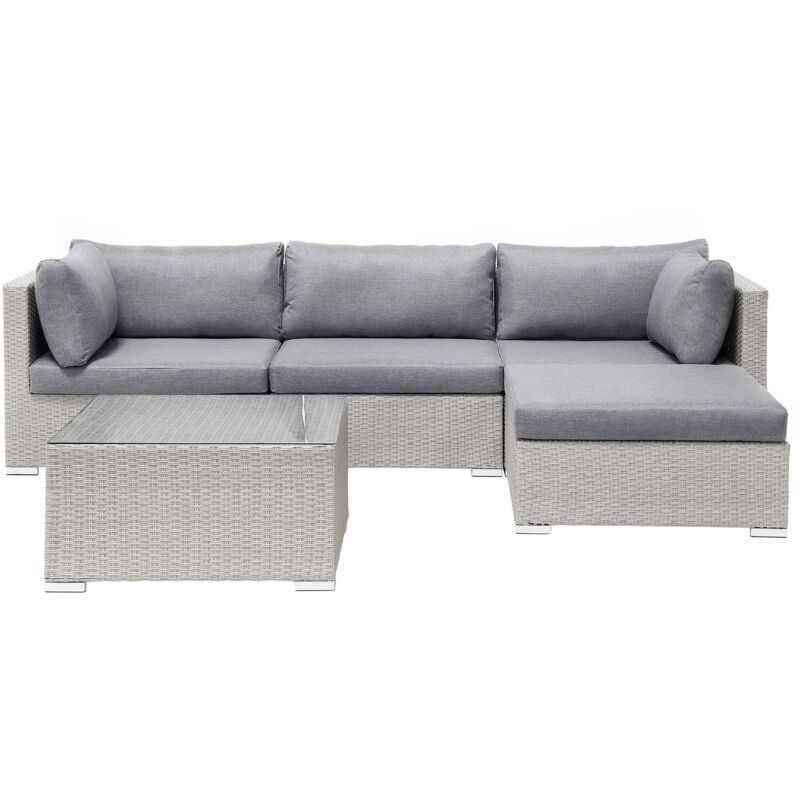 Salon de Jardin 4 Places en Polyrotin Verre Aluminium et Polyester Gris Sano
