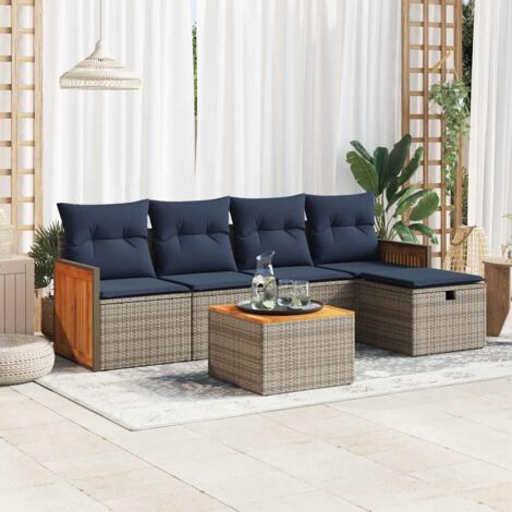 Salon de Jardin Gris 6 Pièces en Résine Tressée avec Coussins Bleu Marine - Canapé, Fauteuils, Table et Pouf de Rangement Modulables pour Terrasse