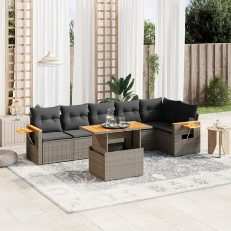 Salon de jardin gris 7 places en résine tressée avec table extensible et coussins lavables (table 100 cm, sièges 55 cm, matériau résistant aux UV)