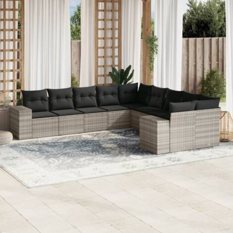 Salon de Jardin Gris Clair 10 Places en Résine Tressée avec Coussins, Housse Amovible Lavable et Rangement sous l'Assise - Capacité 110 kg - Ensembles Extérieur Modulaire pour Terrasse et Patio
