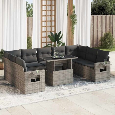 Salon de Jardin Gris en Résine Tressée 10 pièces avec Table et Coussins  Meuble d'Extérieur avec Rangement