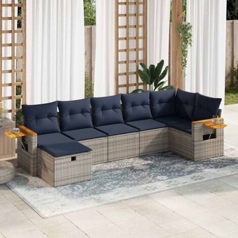 Salon de Jardin Gris en Résine Tressée avec Coussins 7 Pièces - Ensemble Canapé d'Angle avec Stockage et Housse Lavable