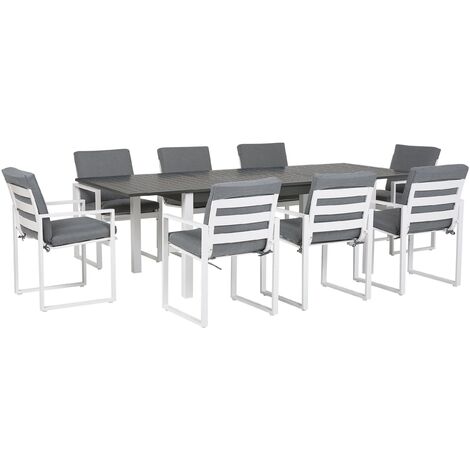 Salon de Jardin Gris et Blanc composé d'une Table Extensible 168 / 248 x 100 cm et de 8 Chaises en Aluminium Blanc avec Coussins d'Assise Gris Beliani - Gris